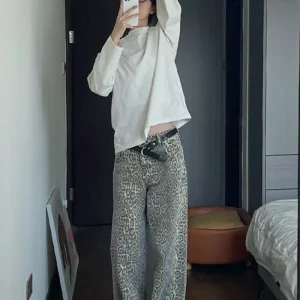 Leopard Print Wide Leg Jeans for Women | Retro Street Style Hottie Baggy Pants