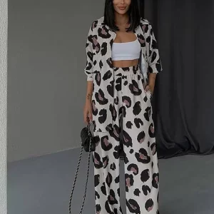 Leopard Print Women's 2-Piece Set: Loose Lapel Blouse & Wide Leg Pants