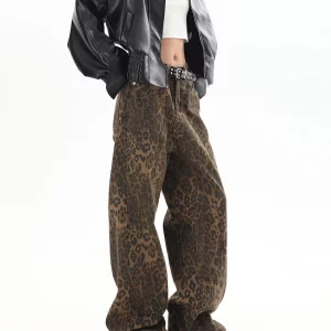 Leopard Print Y2K High-waist Wide-leg Jeans for Women