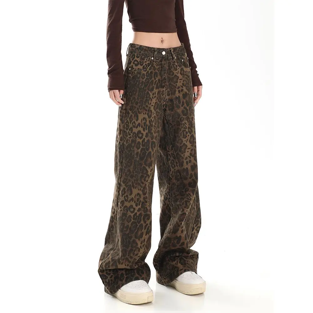 Leopard Print Y2K High-waist Wide-leg Jeans for Women