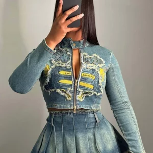 Letter Embroidered Denim Set: Zip Jacket & Pleated Skirt