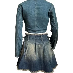 Letter Embroidered Denim Set: Zip Jacket & Pleated Skirt