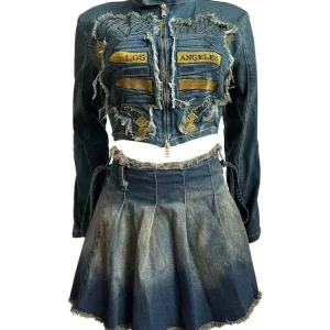 Letter Embroidered Denim Set: Zip Jacket & Pleated Skirt