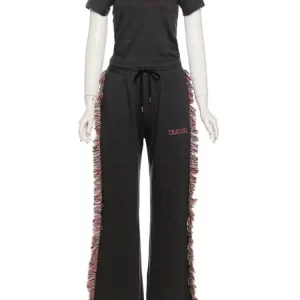 Letter Embroidery 2-Piece Women's Crop Tshirt & Tassel Trousers Set - 2024