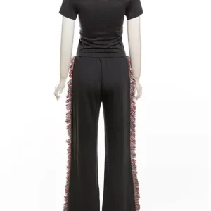 Letter Embroidery 2-Piece Women's Crop Tshirt & Tassel Trousers Set - 2024