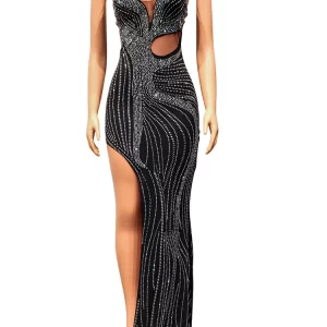 Luxury Black Crystal Maxi Dress with High Slit