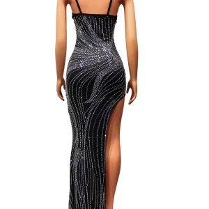 Luxury Black Crystal Maxi Dress with High Slit