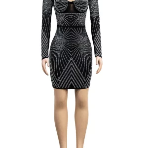 Luxury Black Rhinestone Geometric Party Dress for Women