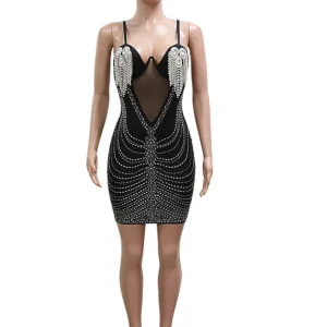 Luxury Sheer Mesh Rhinestone Underwire Mini Dress