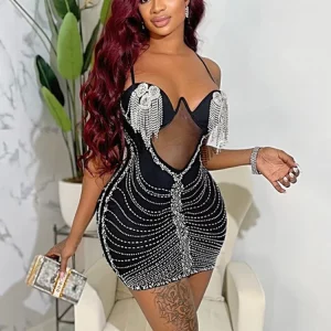 Luxury Sheer Mesh Rhinestone Underwire Mini Dress