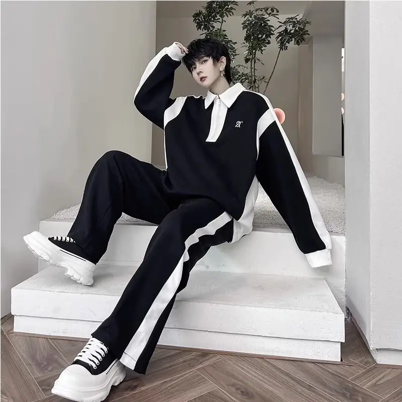 Men's Elegant Black & White Polo Set: Long Sleeve Shirt & Sweatpants - Casual Tracksuit