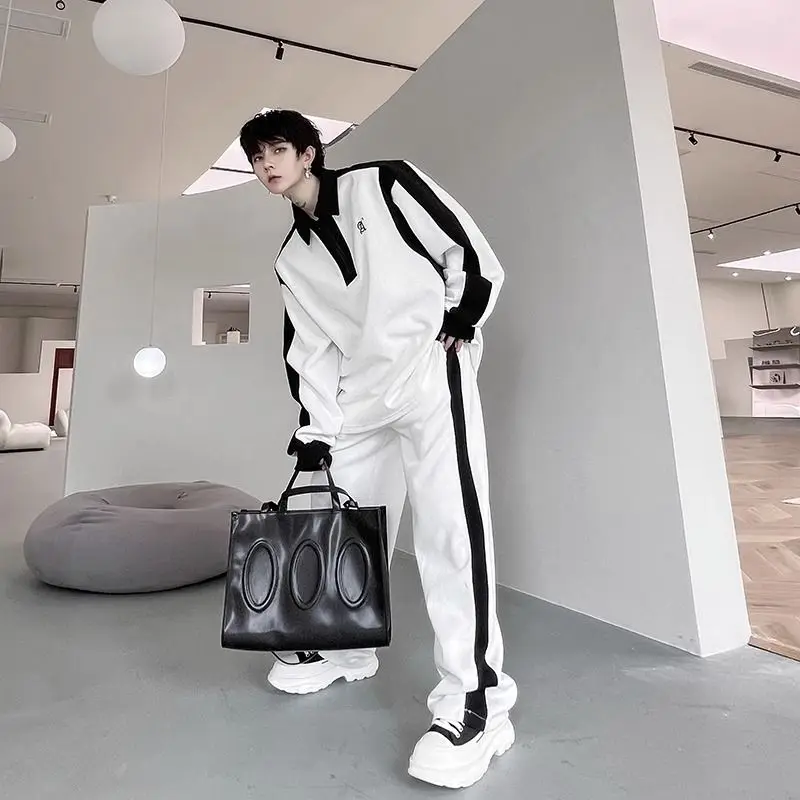 Men's Elegant Black & White Polo Set: Long Sleeve Shirt & Sweatpants - Casual Tracksuit