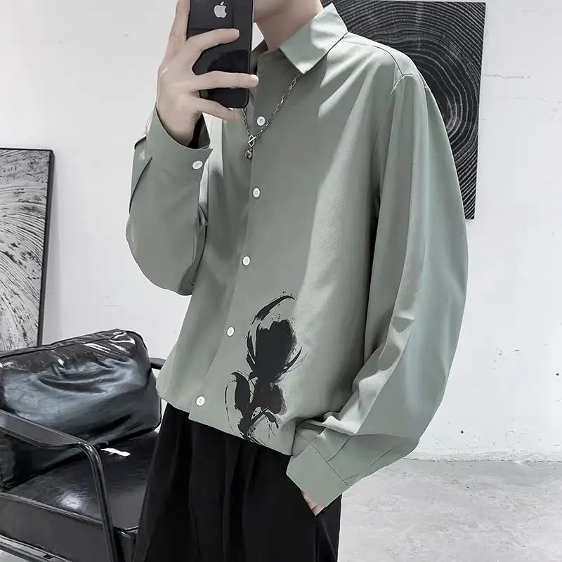 Men's Rose Print Long-Sleeve Shirt: Japanese Korean Style, Gothic Streetwear