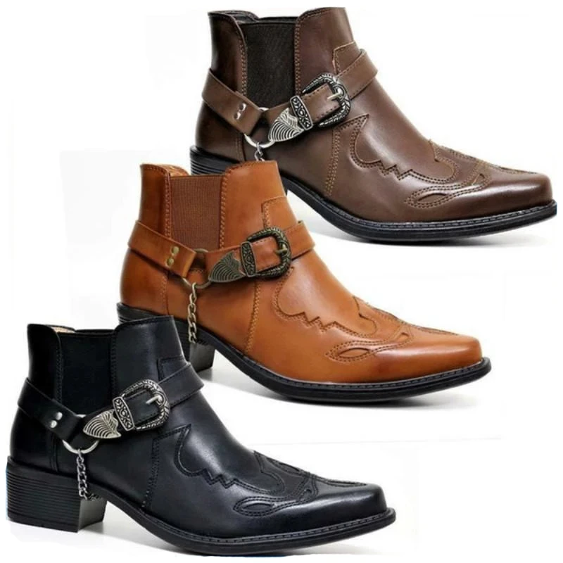 Men's Vintage Leather Cowboy Boots with Chain Buckle - High Top Punk Shoes