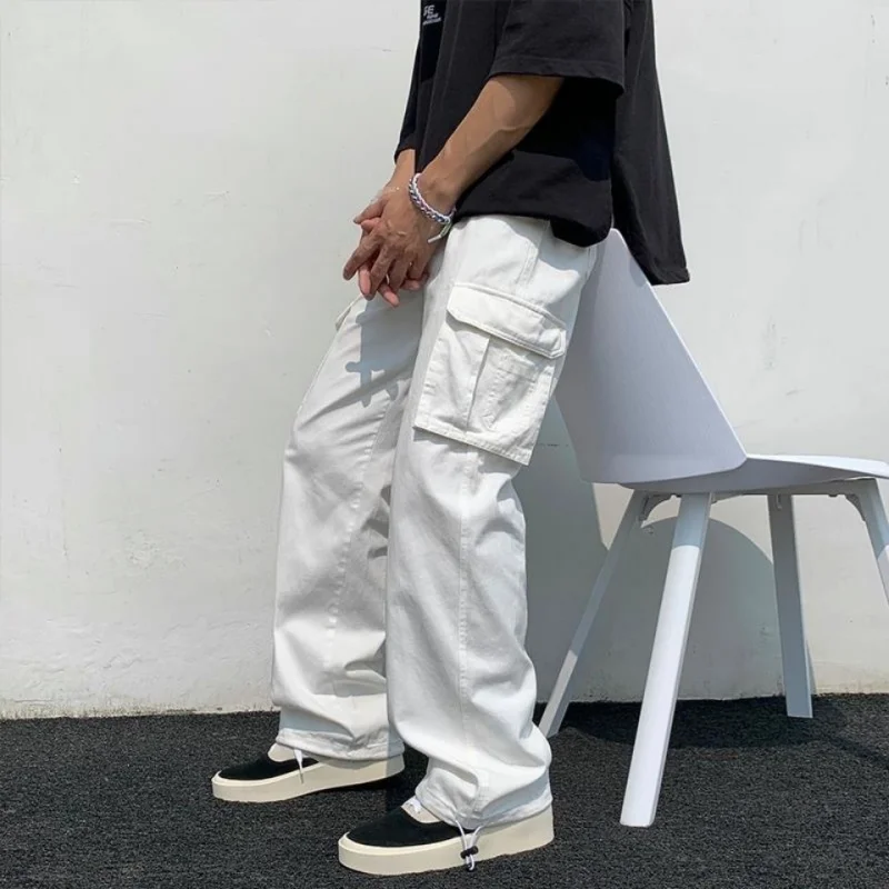 Men's White Casual Loose Straight Leg Cargo Pants