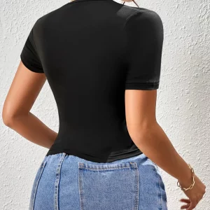 Mesh Cut Out Crop Top Women's Summer T-Shirt Solid Tee