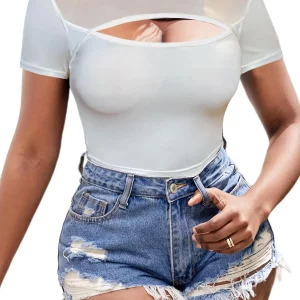 Mesh Cut Out Crop Top Women's Summer T-Shirt Solid Tee