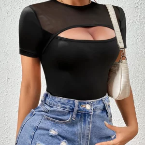 Mesh Cut Out Crop Top Women's Summer T-Shirt Solid Tee