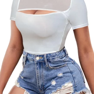 Mesh Cut Out Crop Top Women's Summer T-Shirt Solid Tee