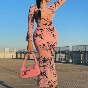 Mesh Cutout Maxi Dress: Sexy See-Through Long Sleeve Robe