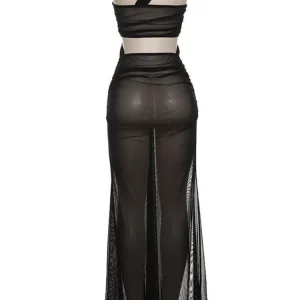 Mesh Cutout Maxi Dress: Sexy Skew Collar Sleeveless Backless Robe for Women - 2024