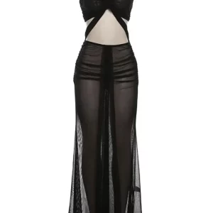 Mesh Cutout Maxi Dress: Sexy Skew Collar Sleeveless Backless Robe for Women - 2024