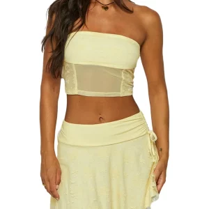 Mesh Patchwork Sleeveless Tube Top & Mini Skirt Set