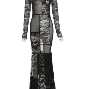 Mesh Plaid Patchwork Maxi Dress with Sheer Long Sleeves - Midnight Party Attire