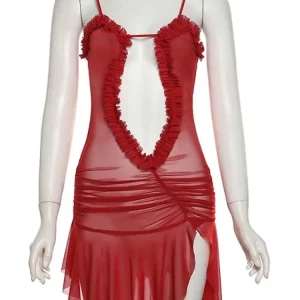 Mesh Ruffled Cutout Asymmetric Mini Dress | Spaghetti Strap Bodycon Dress | Sexy Sleeveless Clubwear