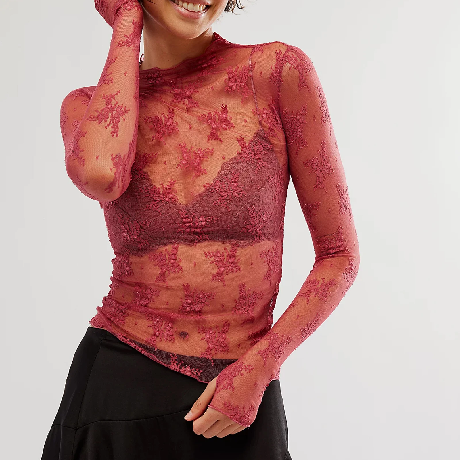 Mesh See-Through Lace Long Sleeve Tee | Slim Fit Women's Top