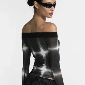 Mesh See-Through Y2K Top: Long Sleeve Sexy Aesthetic T-Shirt for Women - Fashion Print Streetwear