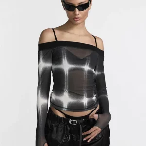 Mesh See-Through Y2K Top: Long Sleeve Sexy Aesthetic T-Shirt for Women - Fashion Print Streetwear