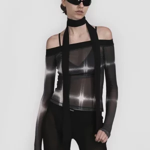 Mesh See-Through Y2K Top: Long Sleeve Sexy Aesthetic T-Shirt for Women - Fashion Print Streetwear