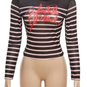 Mesh Stripe Letter Print Long Sleeve T-Shirt - Women's Slim Fit Graphic Tee