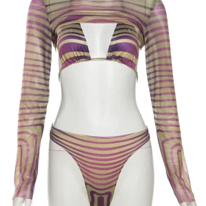 Mesh Striped Bikini Set with Halter Bandage Camis & Crop Tees - Women's Beachwear