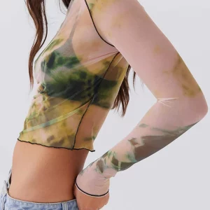 Mesh Tie-Dye Print Sheer Long Sleeve Crop Top - Club Streetwear & Grunge Fashion