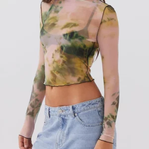 Mesh Tie-Dye Print Sheer Long Sleeve Crop Top - Club Streetwear & Grunge Fashion