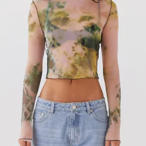 Mesh Tie-Dye Print Sheer Long Sleeve Crop Top - Club Streetwear & Grunge Fashion