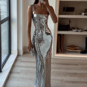 Metallic Halter Mini Dress for Women - Sexy Sleeveless Backless Evening Gown