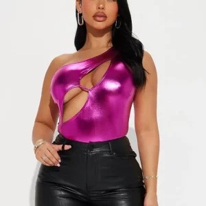 Metallic Shiny Cutout Bodysuit: One Shoulder Sexy Top