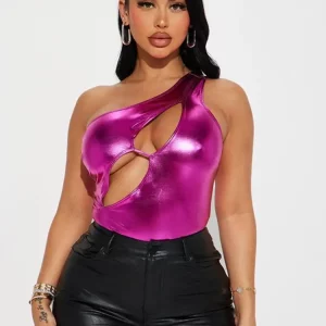 Metallic Shiny Cutout Bodysuit: One Shoulder Sexy Top