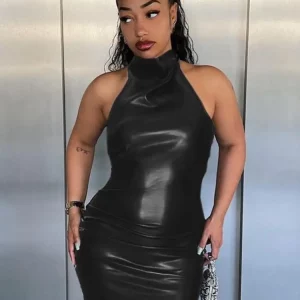 Metallic Shiny Faux Leather Halter Mini Dress - Sexy Body-Shaping Robe for Women, Party Club