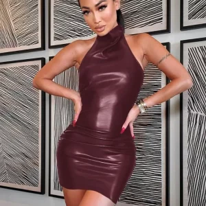 Metallic Shiny Faux Leather Halter Mini Dress - Sexy Body-Shaping Robe for Women, Party Club