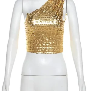 Metallic Shiny Sleeveless Crop Top for Women - Sexy Hipster Style, Oblique Shoulder - 2024 Summer