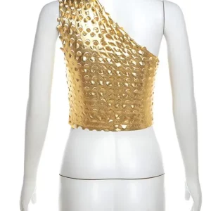 Metallic Shiny Sleeveless Crop Top for Women - Sexy Hipster Style, Oblique Shoulder - 2024 Summer