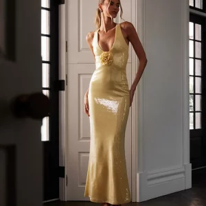 Metallic Spaghetti Strap Maxi Dress for Women - Elegant Sleeveless Bodycon Evening Gown