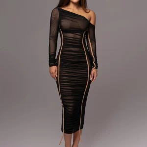 Mozision Diagonal Collar Mesh Backless Bodycon Midi Dress