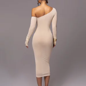 Mozision Diagonal Collar Mesh Backless Bodycon Midi Dress