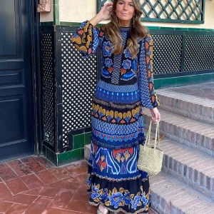 National Style Printed Maxi Dress | Women's Long Sleeve O-neck Pleated Vacation Dress