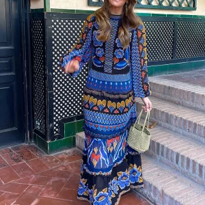 National Style Printed Maxi Dress | Women's Long Sleeve O-neck Pleated Vacation Dress